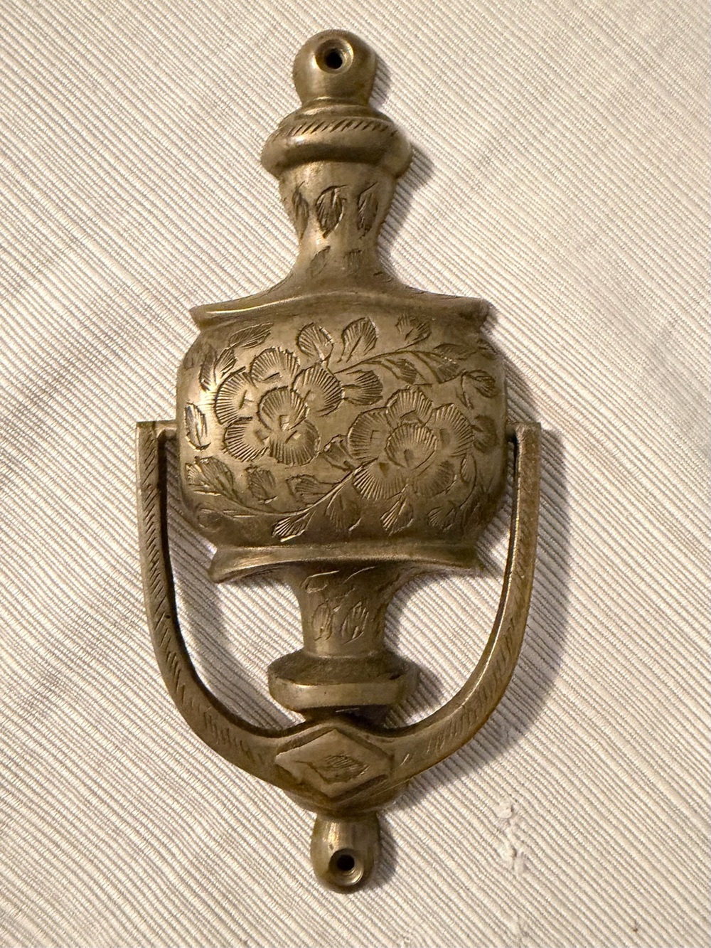 Vintage Engraved Brass Door Knocker Floral Vase Design 6.25”